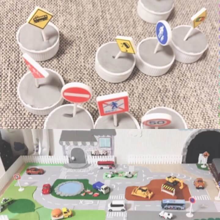 ”100均お弁当ピック＆ペットボトルのふた”で子どもの車遊びをもっともっと楽しく♪